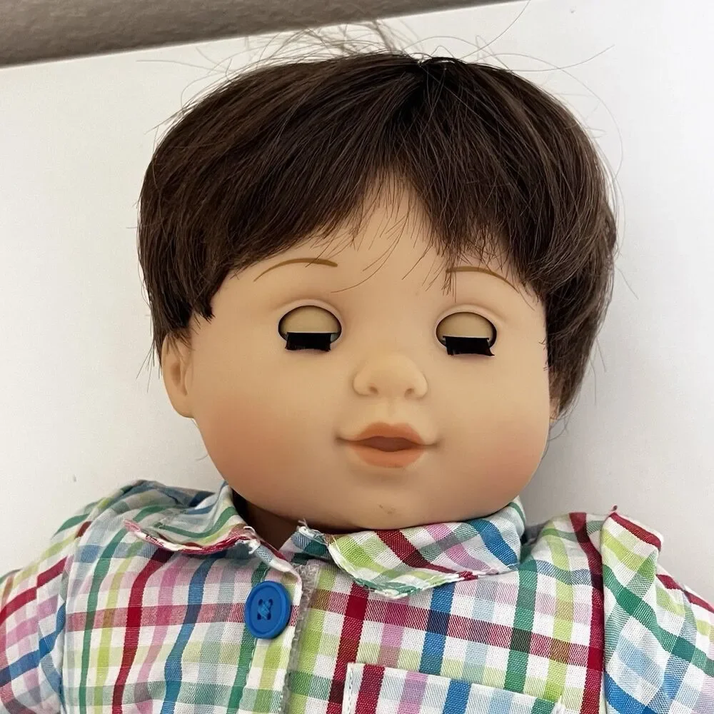 American Girl Bitty Baby Boy Twin Doll Brown Hair Brown Eyes Plaid Shirt 16